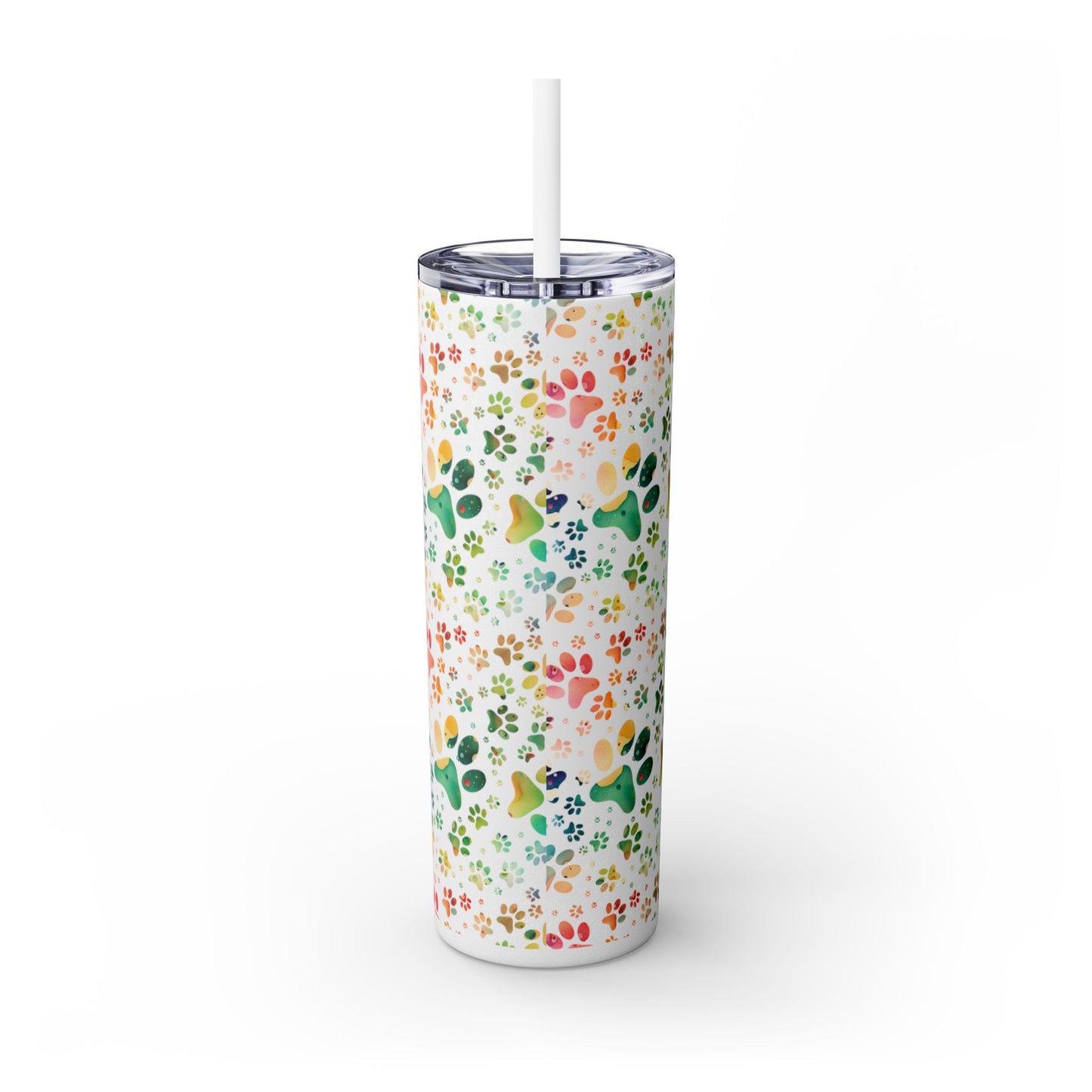 Skinny Tumbler with Straw, 20oz| Colorful Paw Print Water Bottle with Straw| Metal Drink Bottle| Rainbow-Splash Moonrock glossy - back