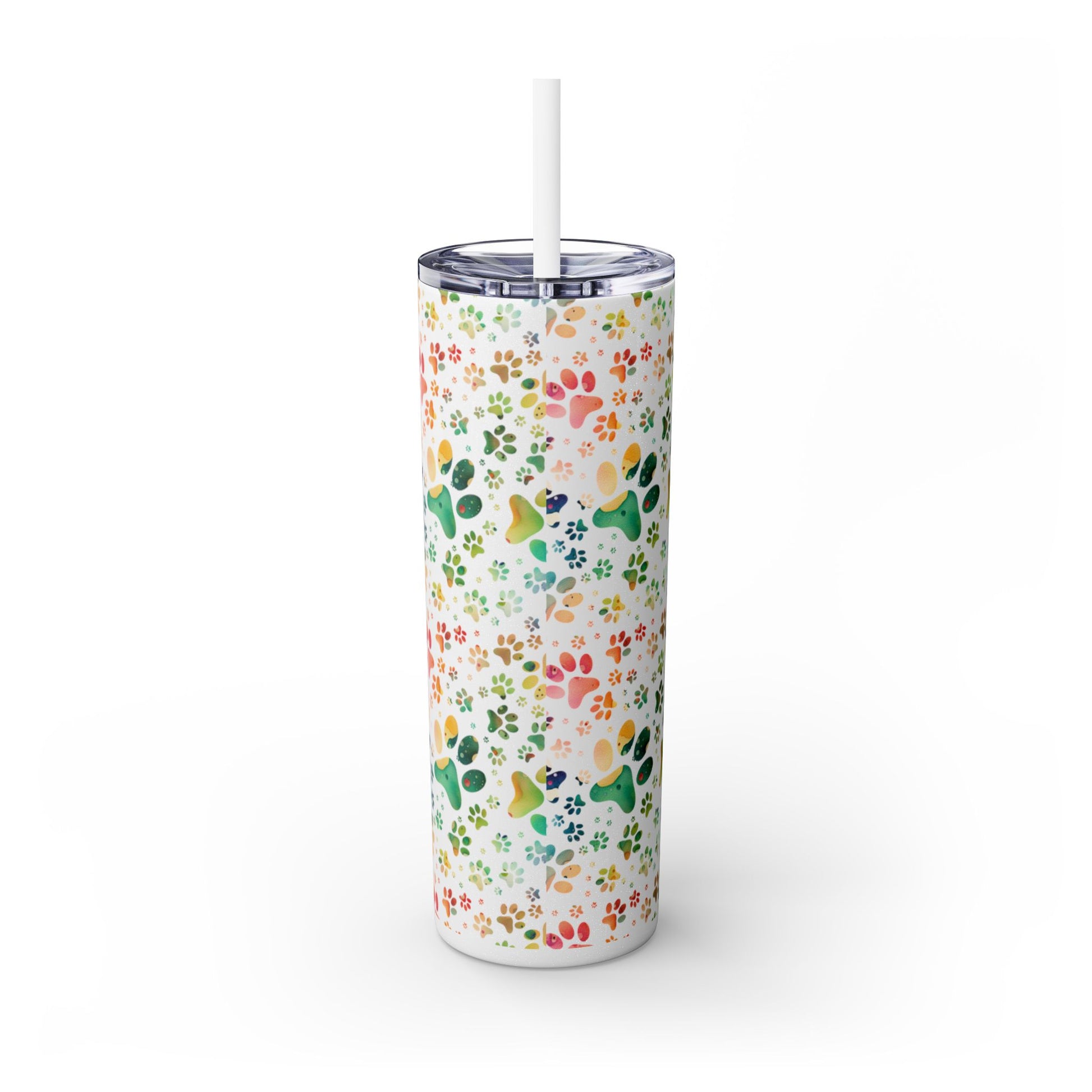 Skinny Tumbler with Straw, 20oz| Colorful Paw Print Water Bottle with Straw| Metal Drink Bottle| Rainbow-Splash Moonrock glossy - back