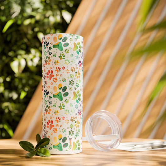 Skinny Tumbler with Straw, 20oz| Colorful Paw Print Water Bottle with Straw| Metal Drink Bottle| Rainbow-Splash Moonrock glossy - context