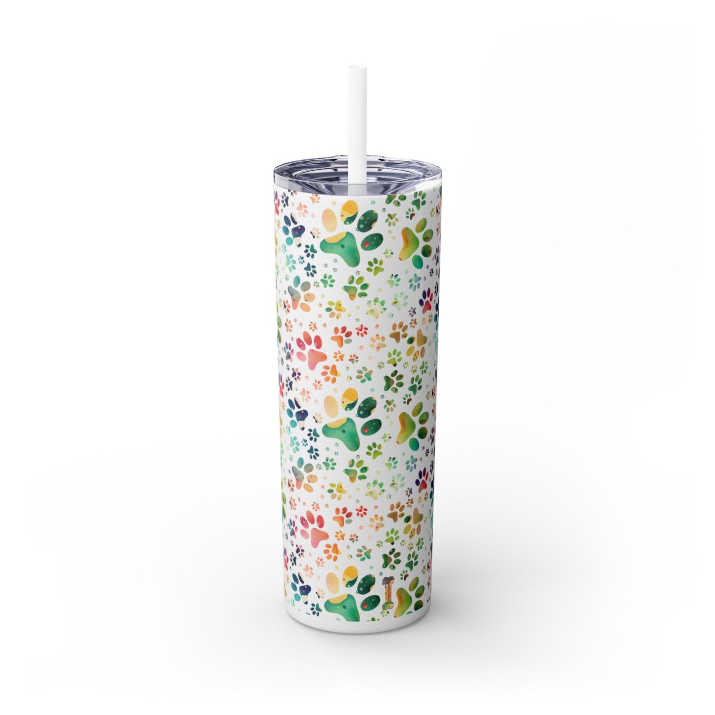 Skinny Tumbler with Straw, 20oz| Colorful Paw Print Water Bottle with Straw| Metal Drink Bottle| Rainbow-Splash Moonrock glossy - front