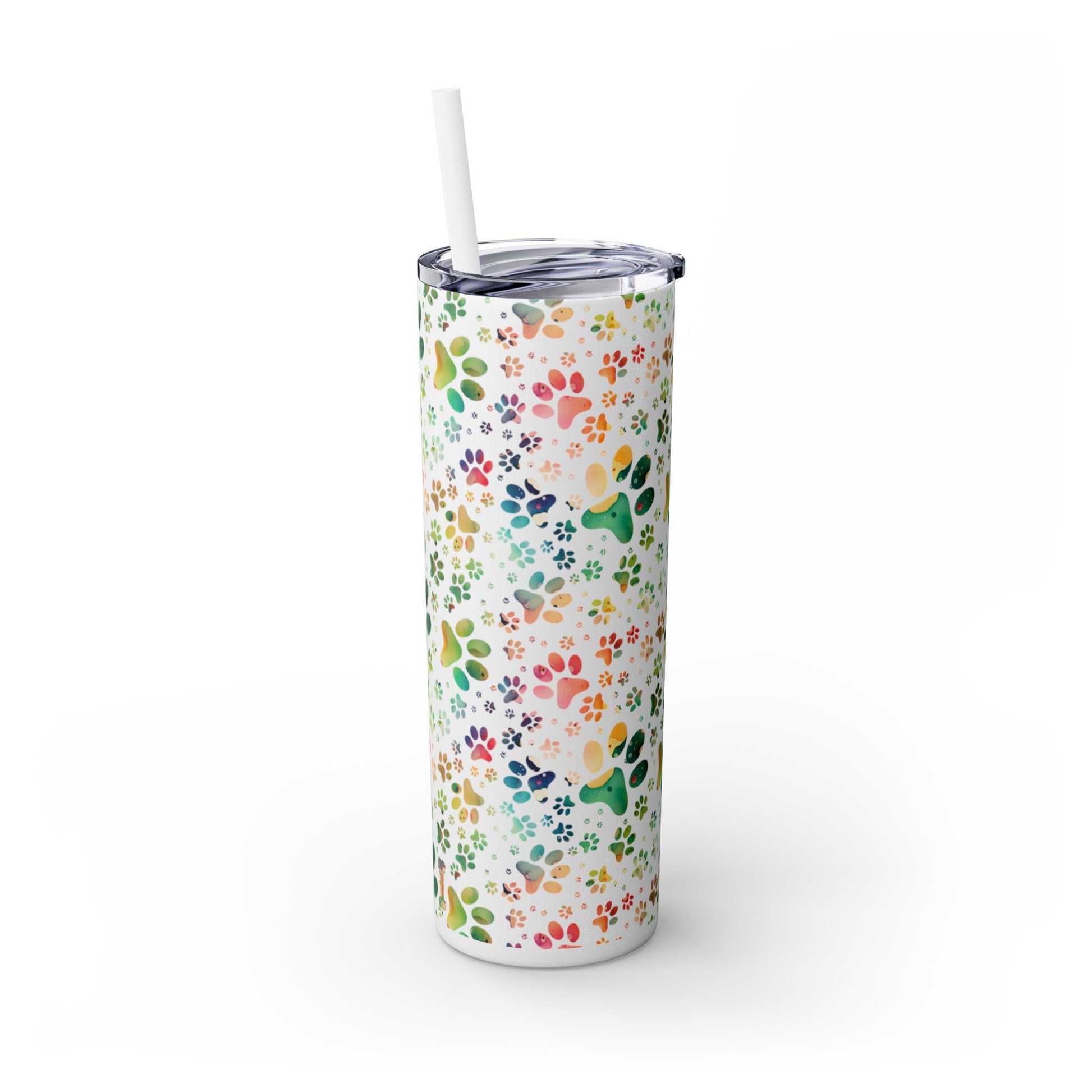 Skinny Tumbler with Straw, 20oz| Colorful Paw Print Water Bottle with Straw| Metal Drink Bottle| Rainbow-Splash Moonrock glossy - left