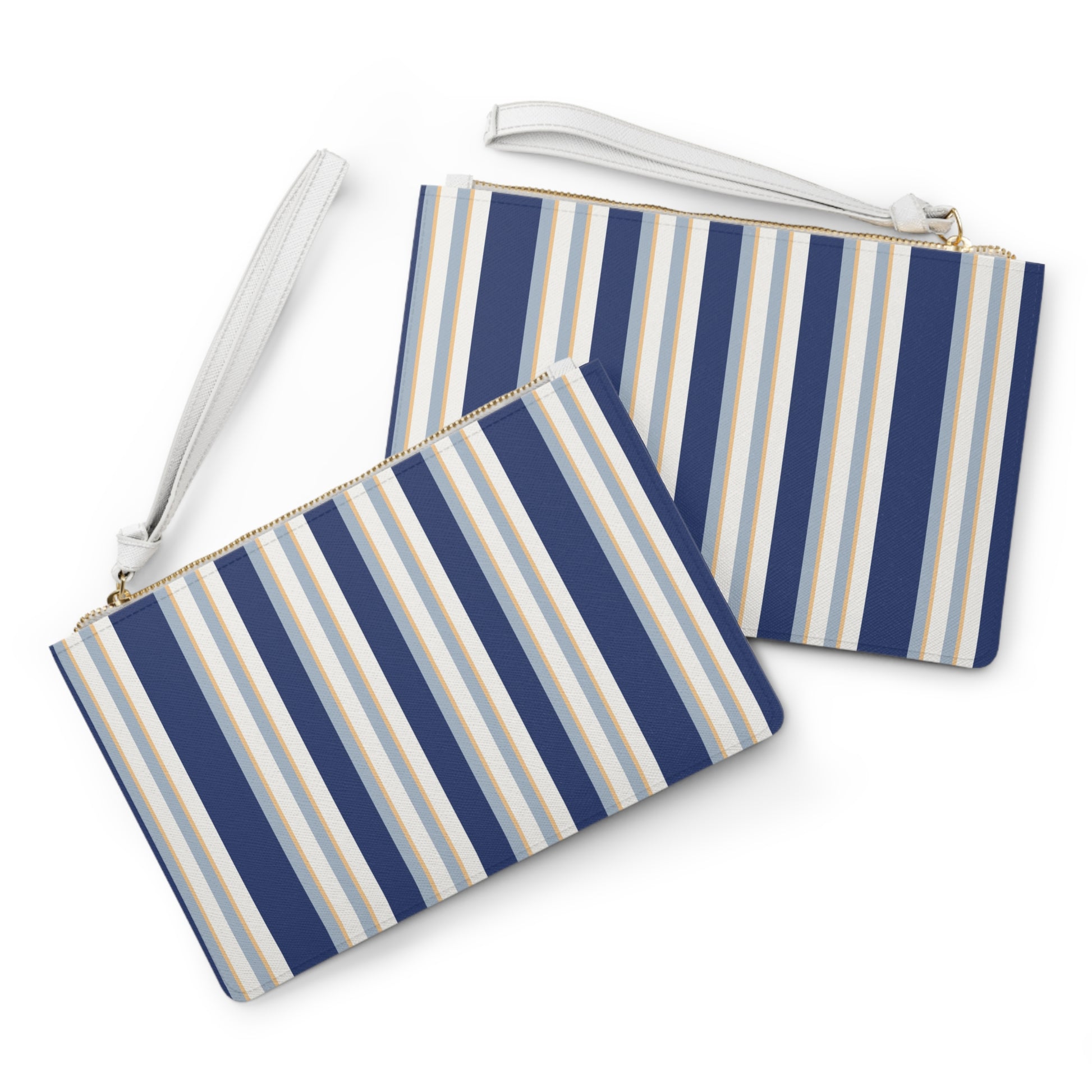 Smart Blue and White Striped Clutch Bag with Two Pockets and Wrist Strap both sides