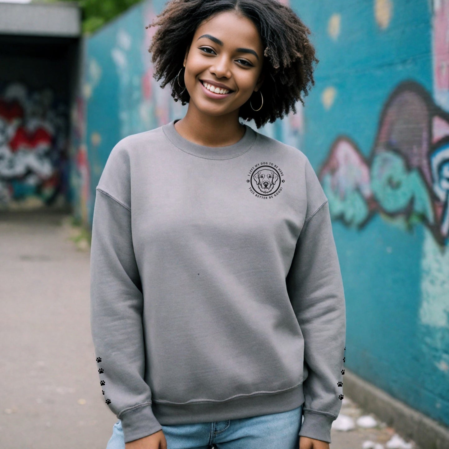 Soft Blend Sweatshirt– 'I LEFT MY DOG TO BE HERE' Circle Design with Dog Breed context sport grey