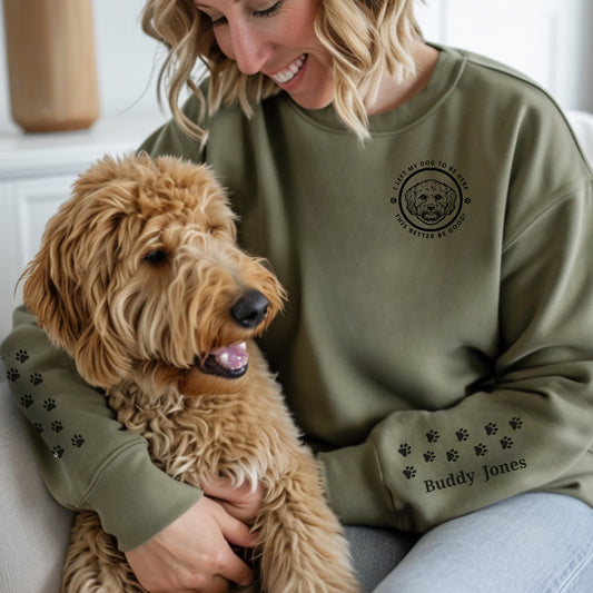 Soft Blend Sweatshirt– 'I LEFT MY DOG TO BE HERE' Circle Design with Dog Breed context sleeve Military Green