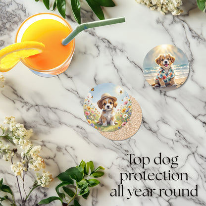 Two coasters with spring and summer scene dog illustrations on a marble surface with a orange juice and flowers.