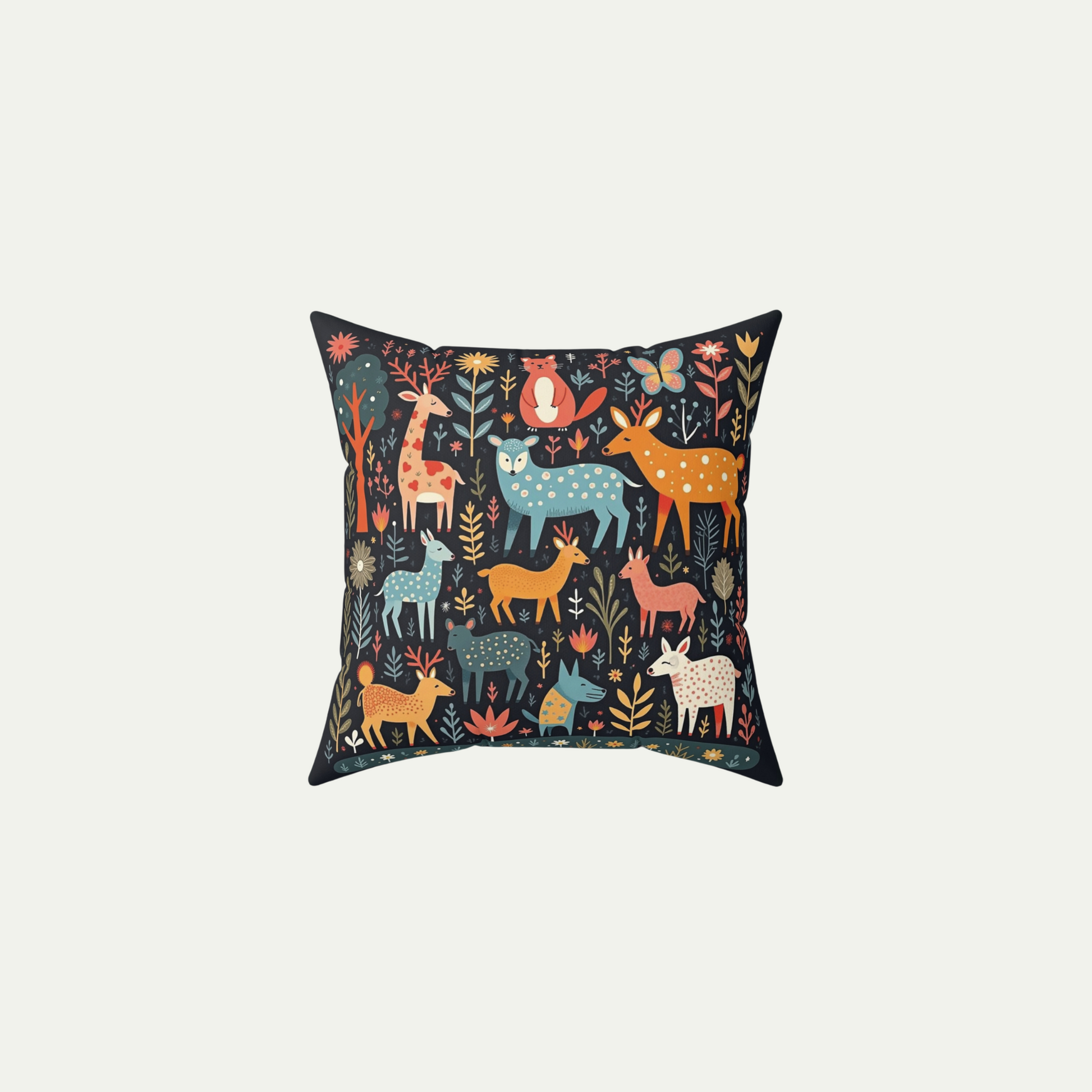 Square Throw Pillow Whimsical Wildlife in a Fairyland. Folk Art Style Black_Background 14 inch