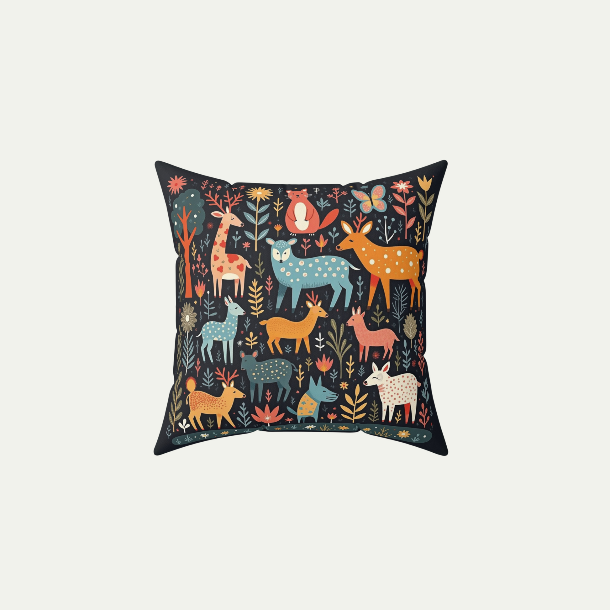 Square Throw Pillow Whimsical Wildlife in a Fairyland. Folk Art Style Black_Background 16 inch