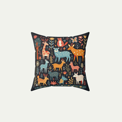 Square Throw Pillow Whimsical Wildlife in a Fairyland. Folk Art Style Black_Background 16 inch