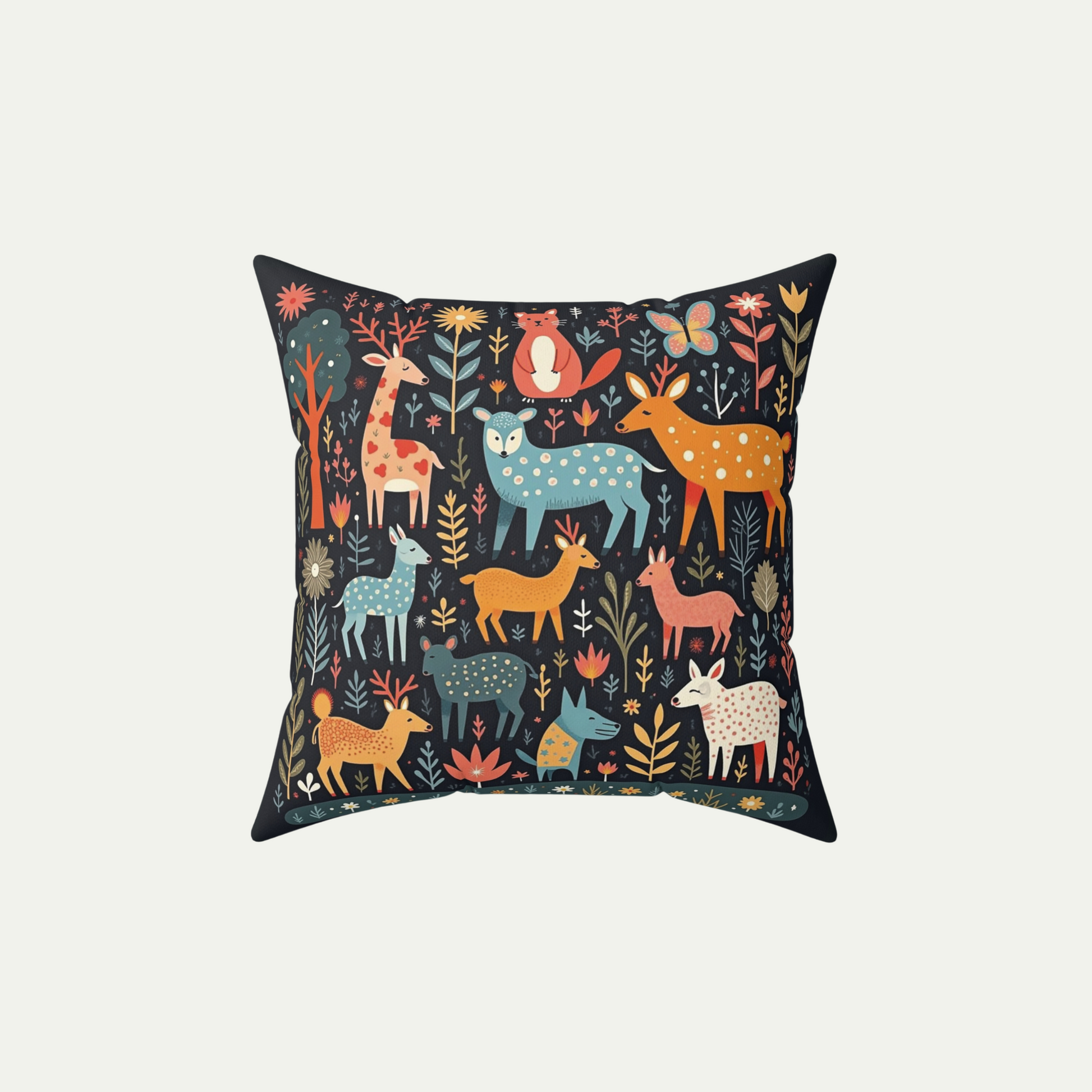 Square Throw Pillow Whimsical Wildlife in a Fairyland. Folk Art Style Black_Background 18 inch