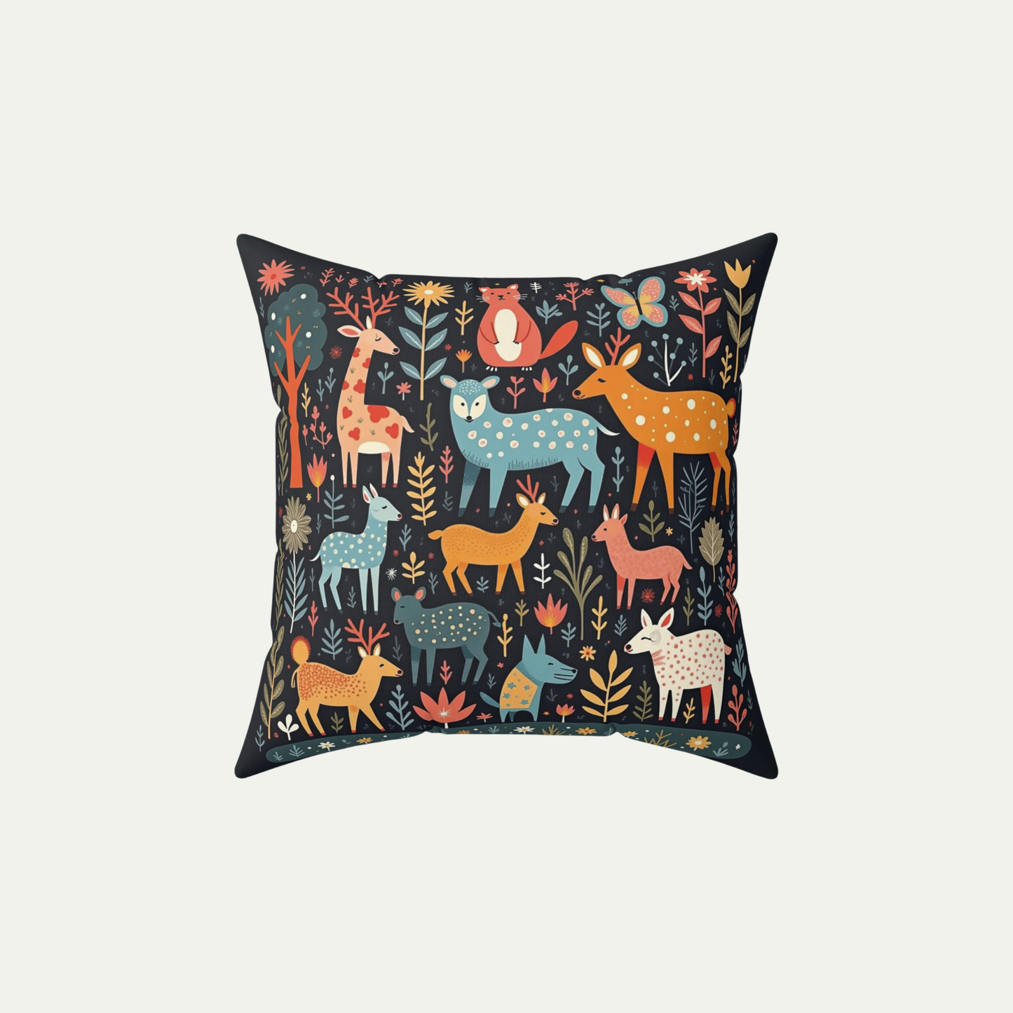 Square Throw Pillow Whimsical Wildlife in a Fairyland. Folk Art Style Black_Background 20 inch