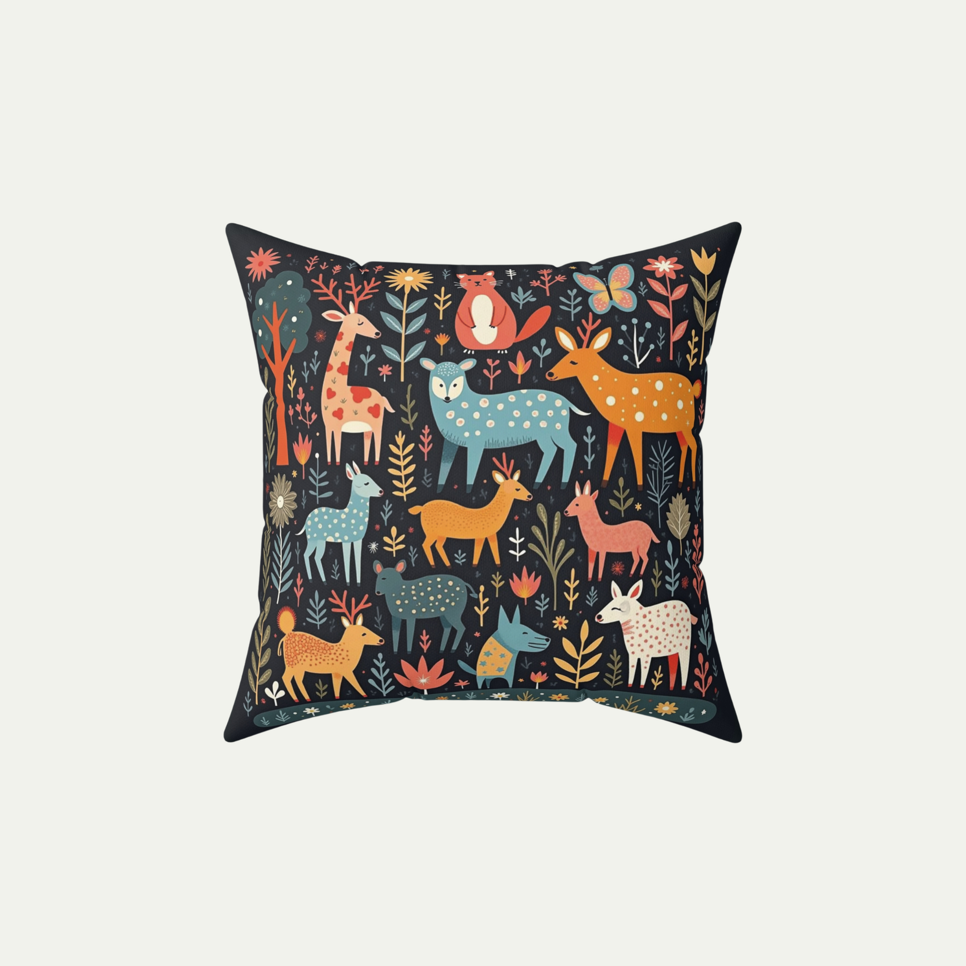 Square Throw Pillow Whimsical Wildlife in a Fairyland. Folk Art Style Black_Background 20 inch
