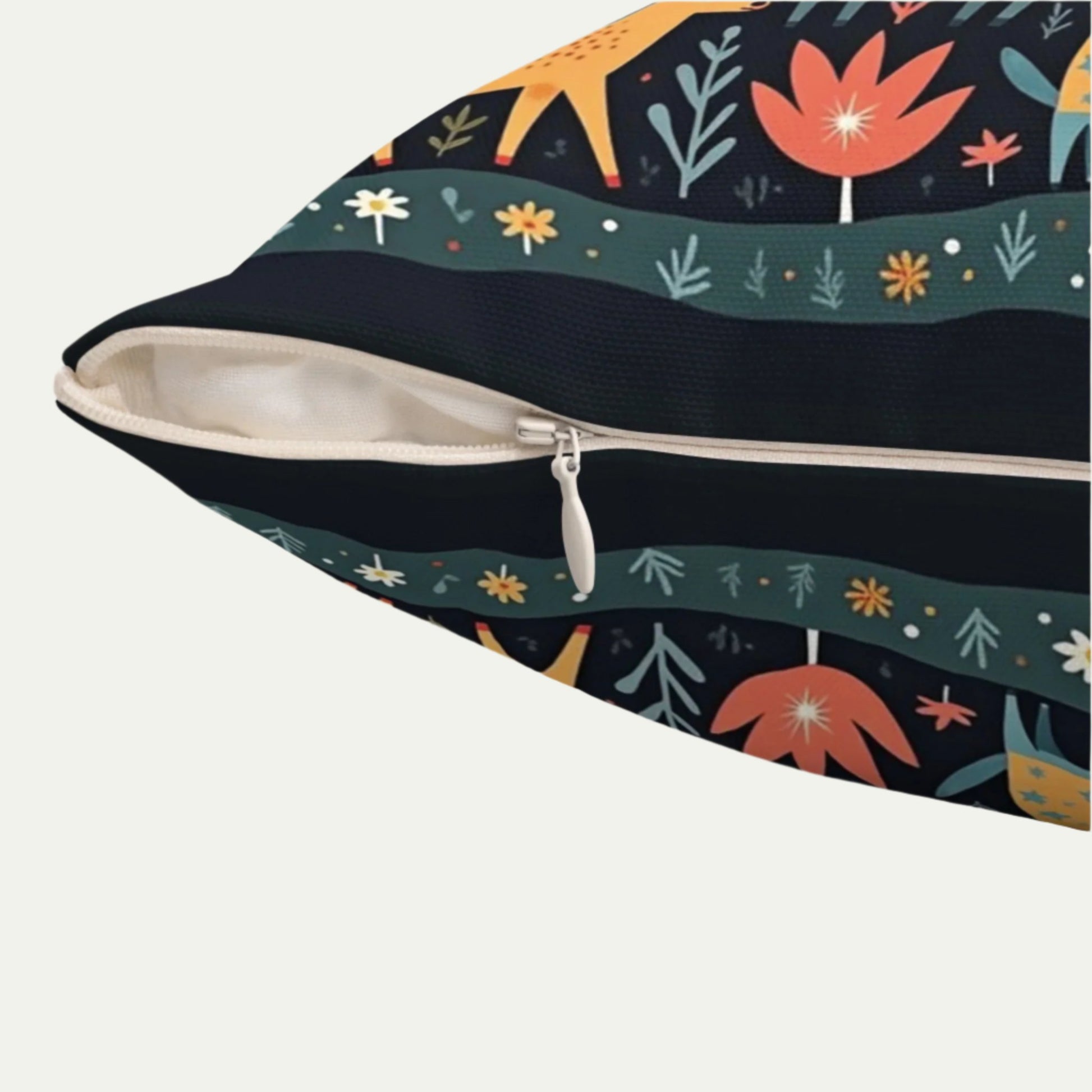 Square Throw Pillow, Whimsical Wildlife in a Fairyland. Folk Art Style, Black Background Zipper Detail