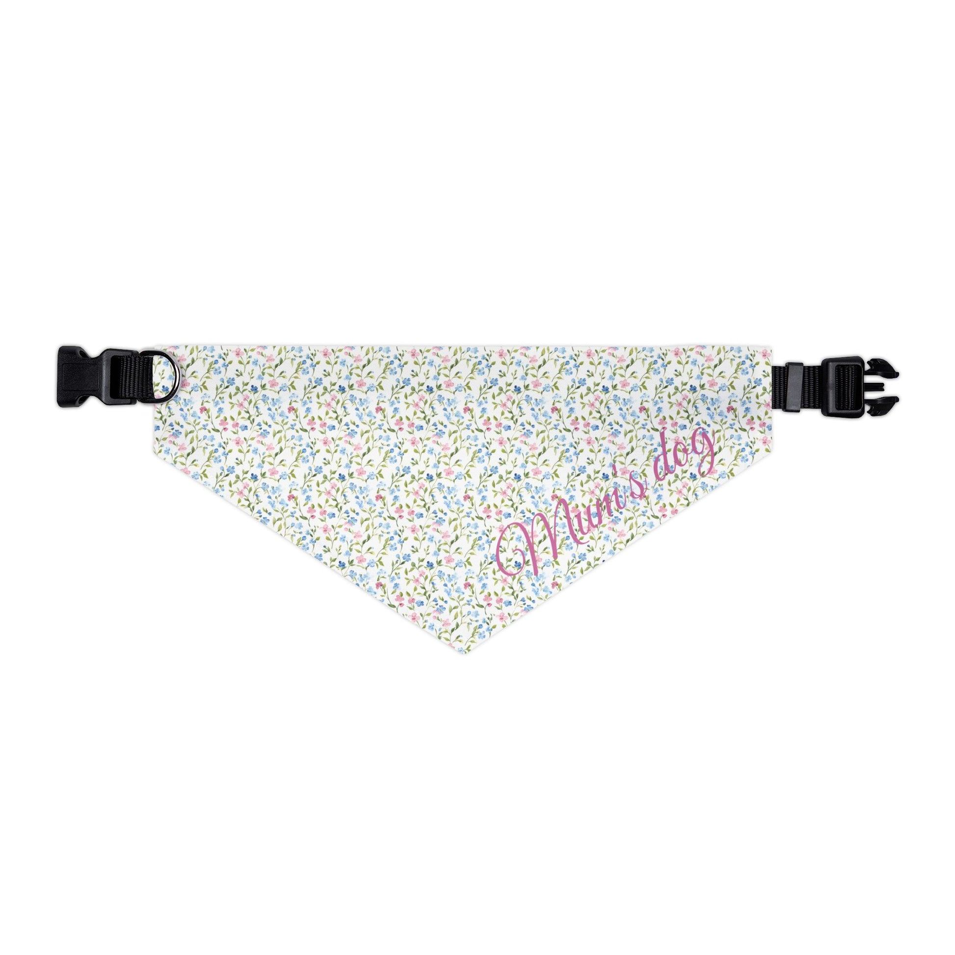 Pink and blue floral patterned dog bandana with 'Mom's dog' text on a white background