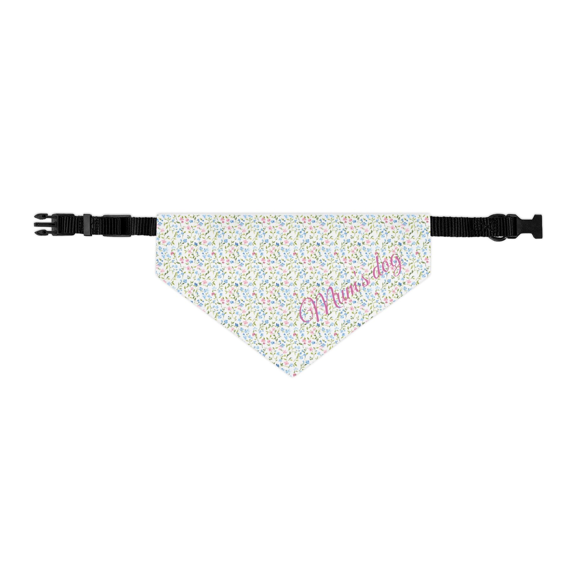 Pink and blue floral patterned dog bandana with 'Mum's dog' text on a white background