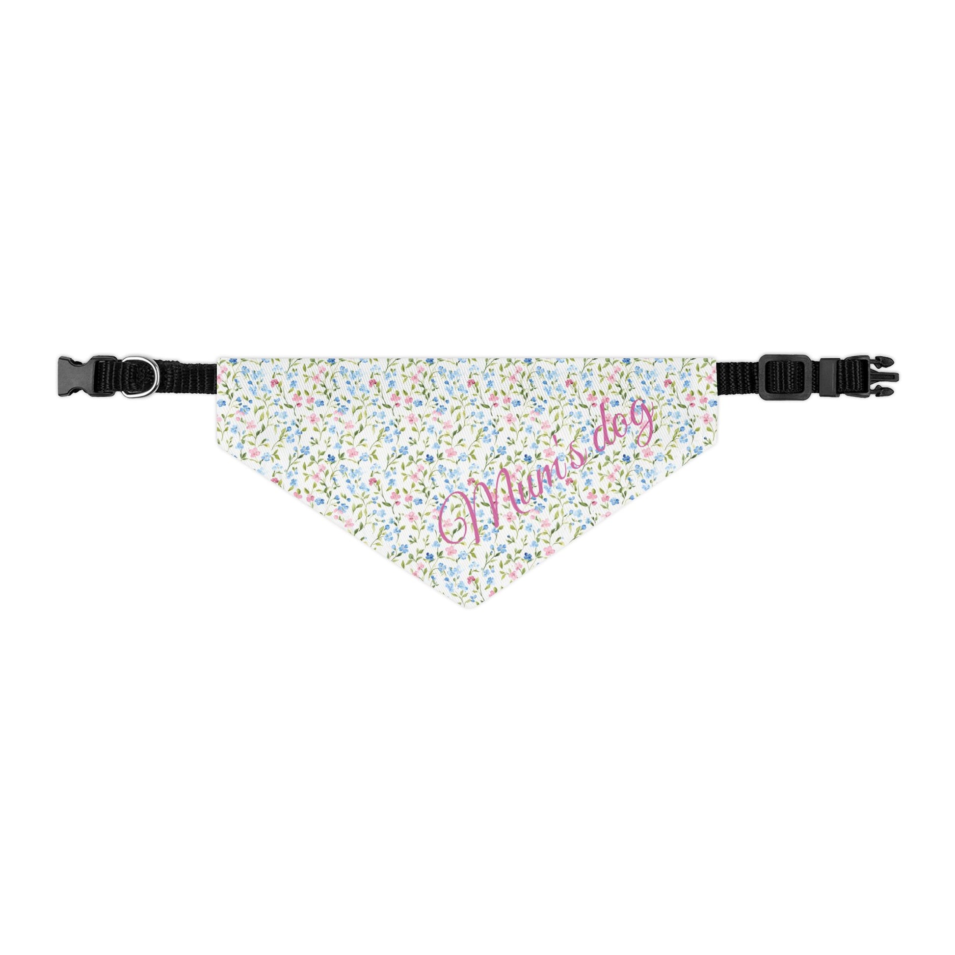 Dog bandana with pink and blue floral pattern and text, Mum's dog,' on a white background