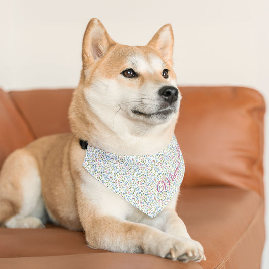 Dog wearing a blue and pink floral bandana with words, 'Mom's dog'  sitting on a brown couch
