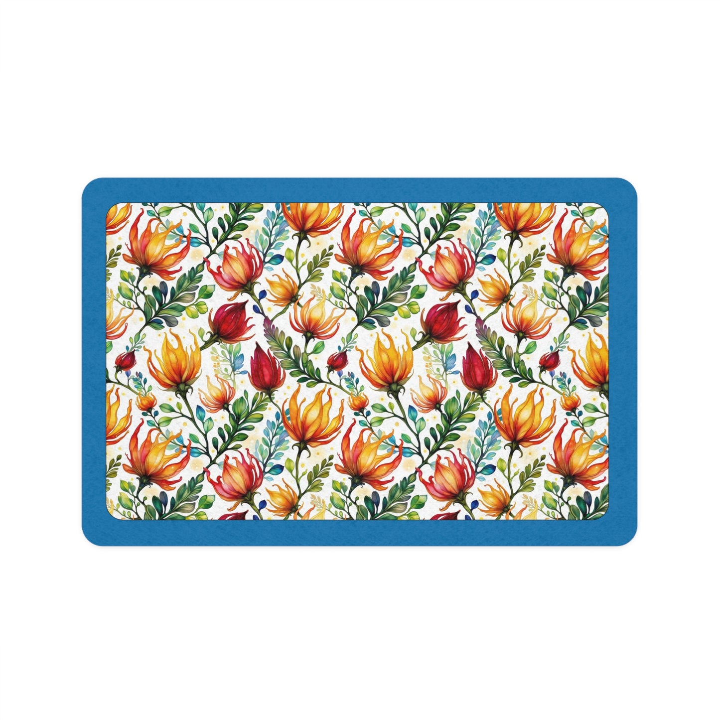 Rectangular pet bowl mat with a bright floral pattern of Australian flowers in red, yellow, and blue on a teal border.