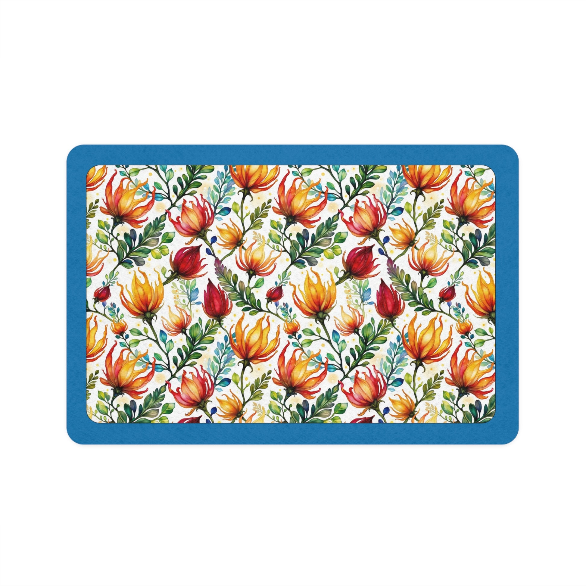 Rectangular pet bowl mat with a bright floral pattern of Australian flowers in red, yellow, and blue on a teal border.