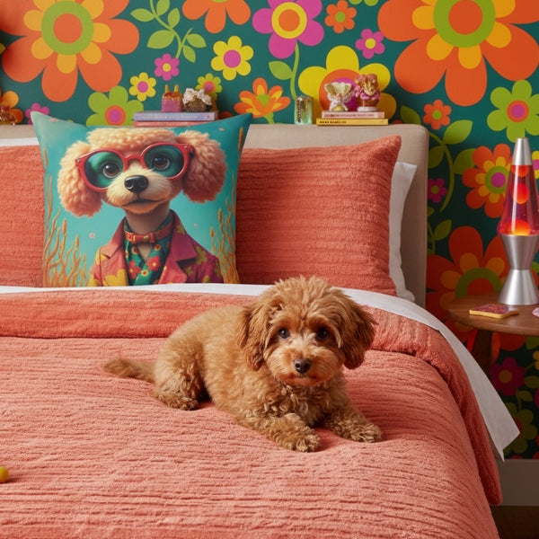 Dog lying on a bed with a throw pillow that has a poodle in a whimsical colourful setting and colorful floral wallpaper - maximalist 70's decor