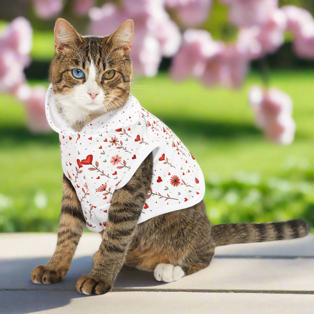 Valentine's Day Hoodie for Dogs | Pet Hoodie| Pink Floral Print Dog and Cat Sweatshirt context cat