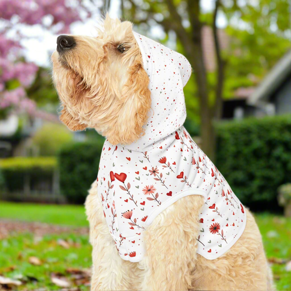 Valentine's Day Hoodie for Dogs | Pet Hoodie| Pink Floral Print Dog and Cat Sweatshirt context dog hood up