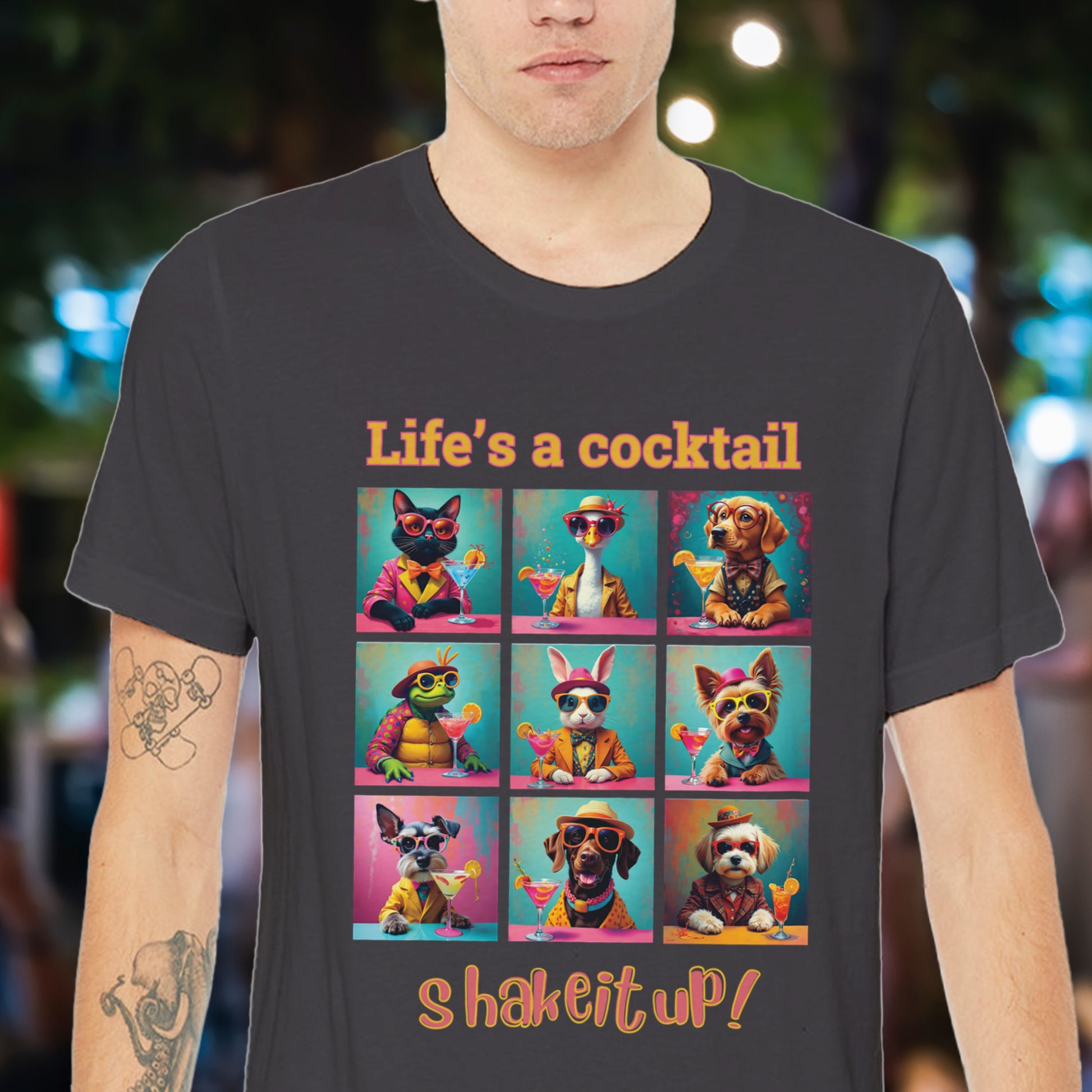 Vibrant Animal Cocktail T-Shirt – Fun Tee Design for Night Out context vintage black