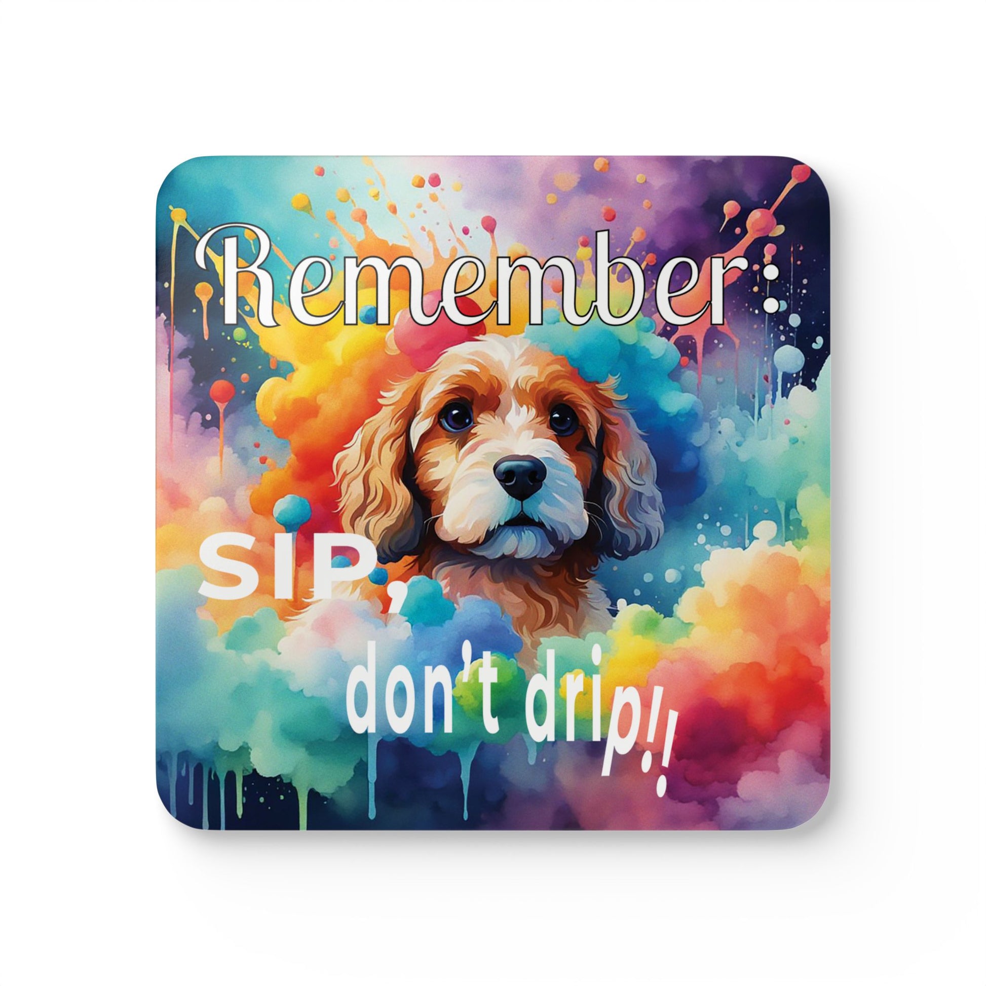Vibrant Cavapoo Puppy Funny Coaster Set - "Remember Sip, Don't Drip!"