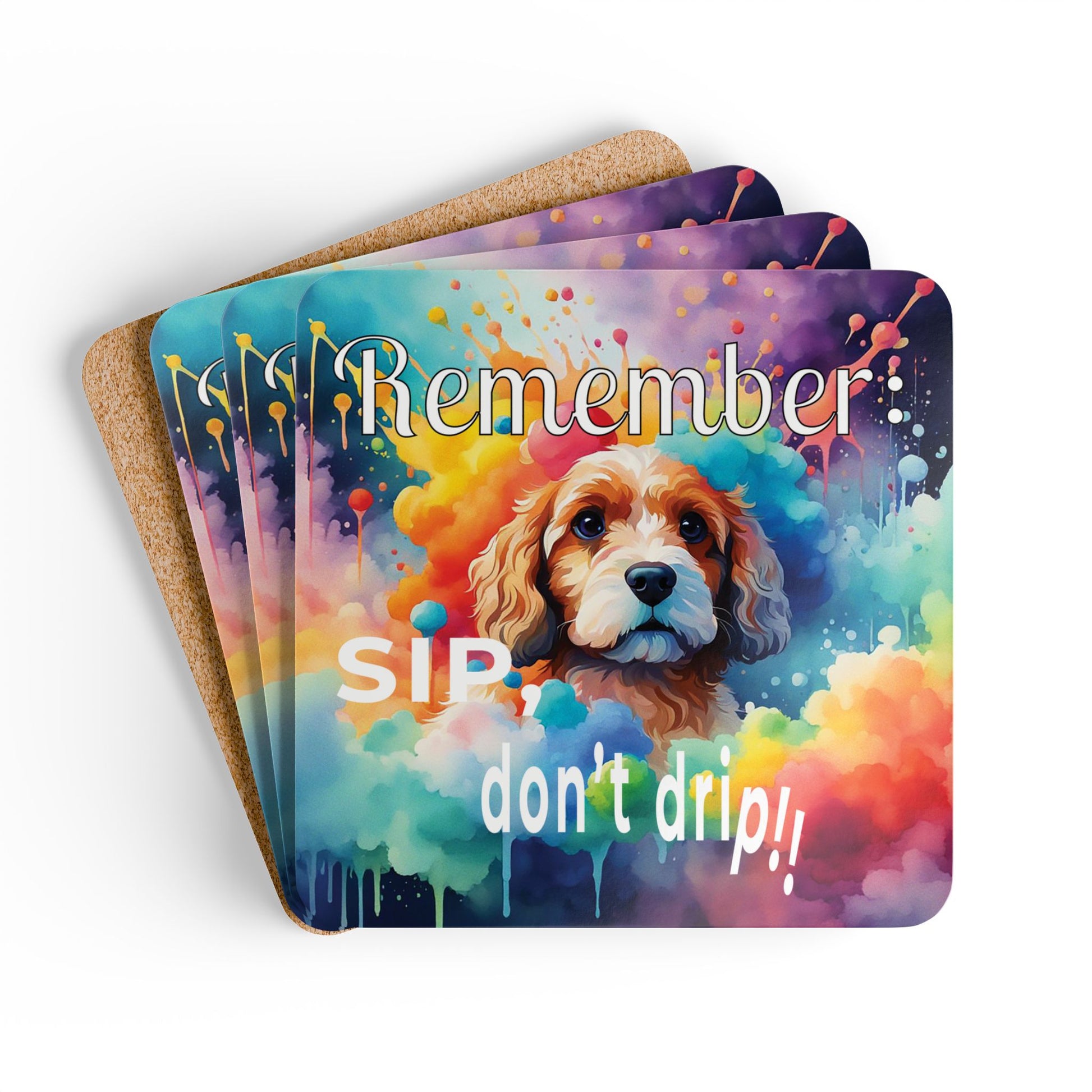 Vibrant Cavapoo Puppy Funny Coaster Set - "Remember Sip, Don't Drip!" stack