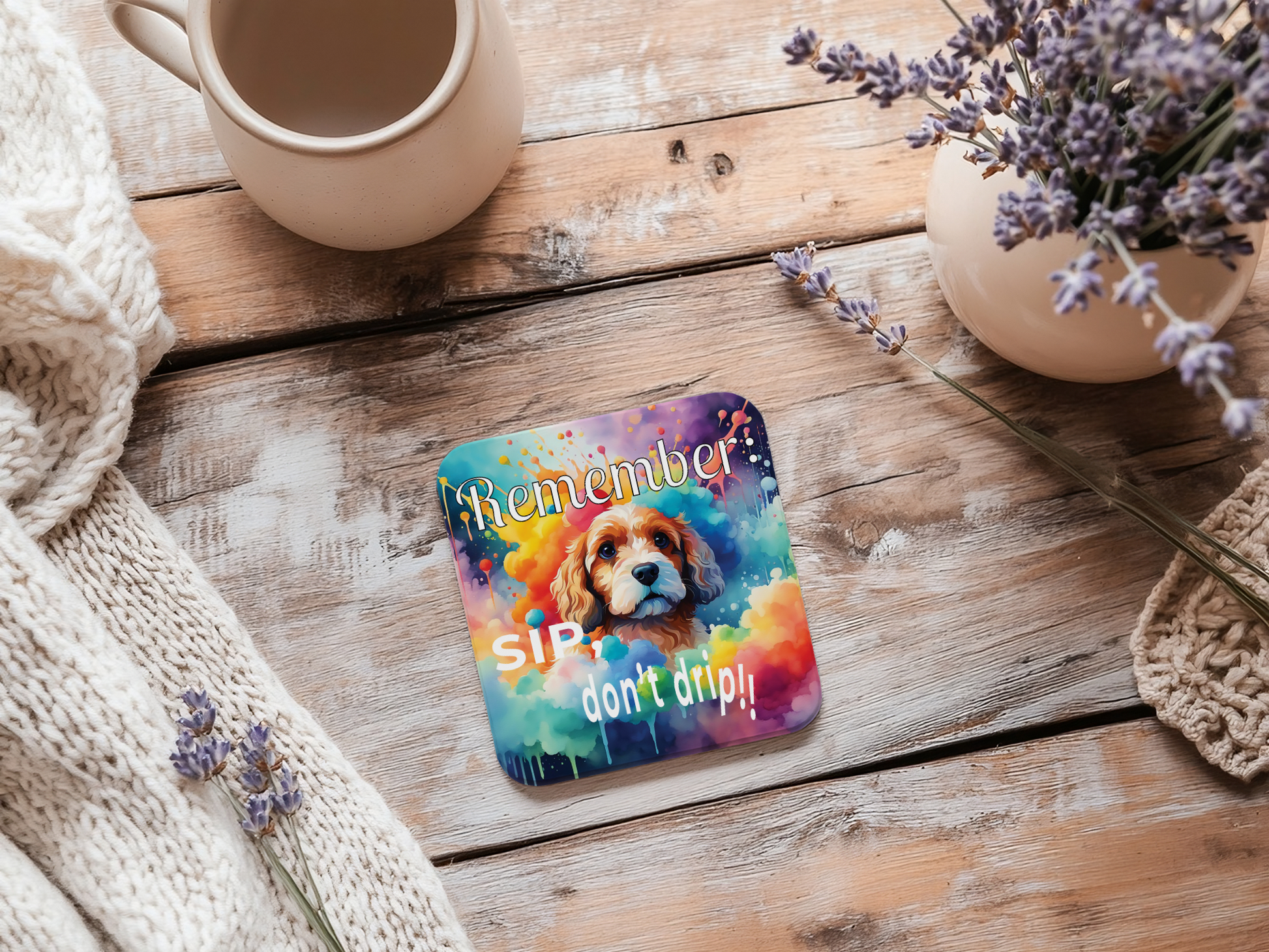 Vibrant Cavapoo Puppy Funny Coaster Set - "Remember Sip, Don't Drip!" context 1