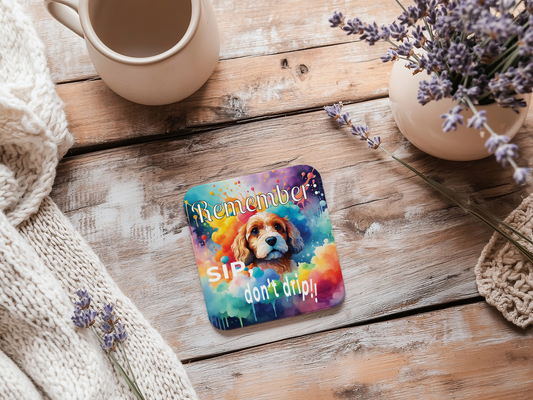 Vibrant Cavapoo Puppy Funny Coaster Set - "Remember Sip, Don't Drip!" context 1