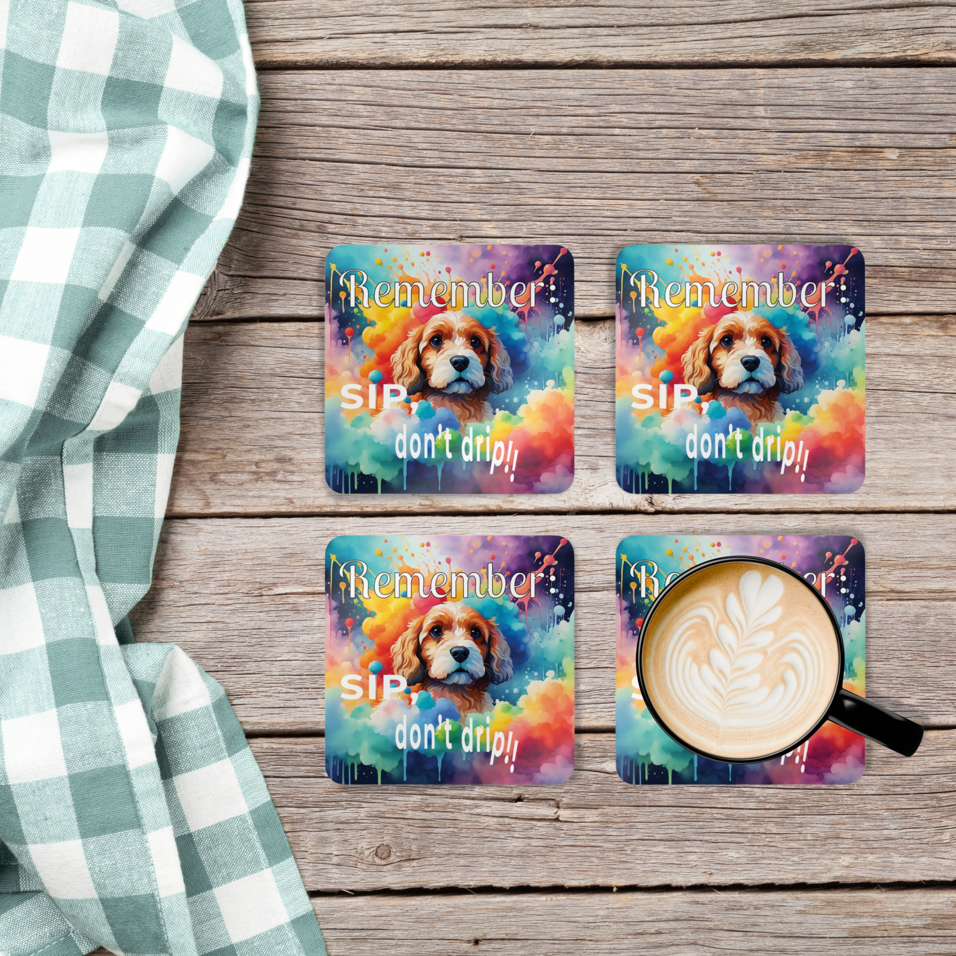 Vibrant Cavapoo Puppy Funny Coaster Set - "Remember Sip, Don't Drip!" context 4