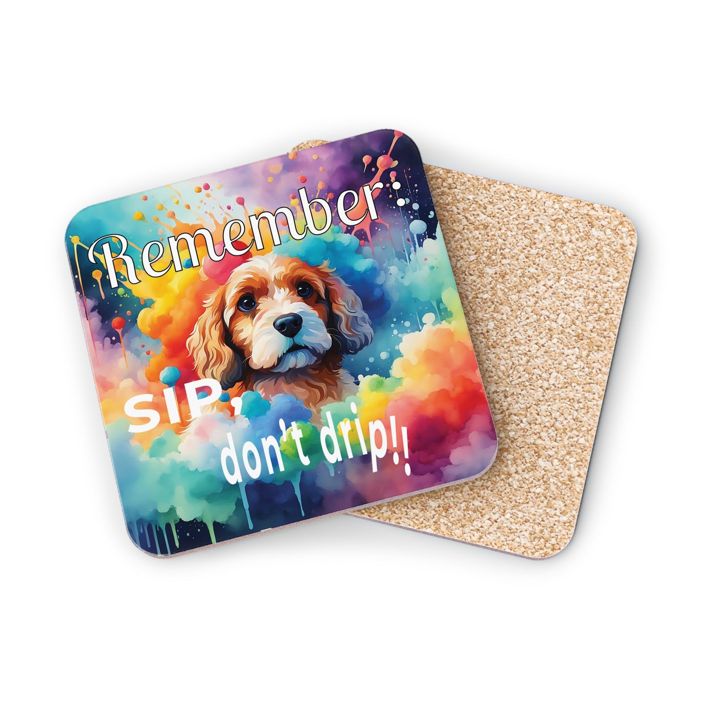 Colorful coaster with a Cavapoo/ cavoodle dog illustration and text. Revise side of coaster with cork backing on a white background.