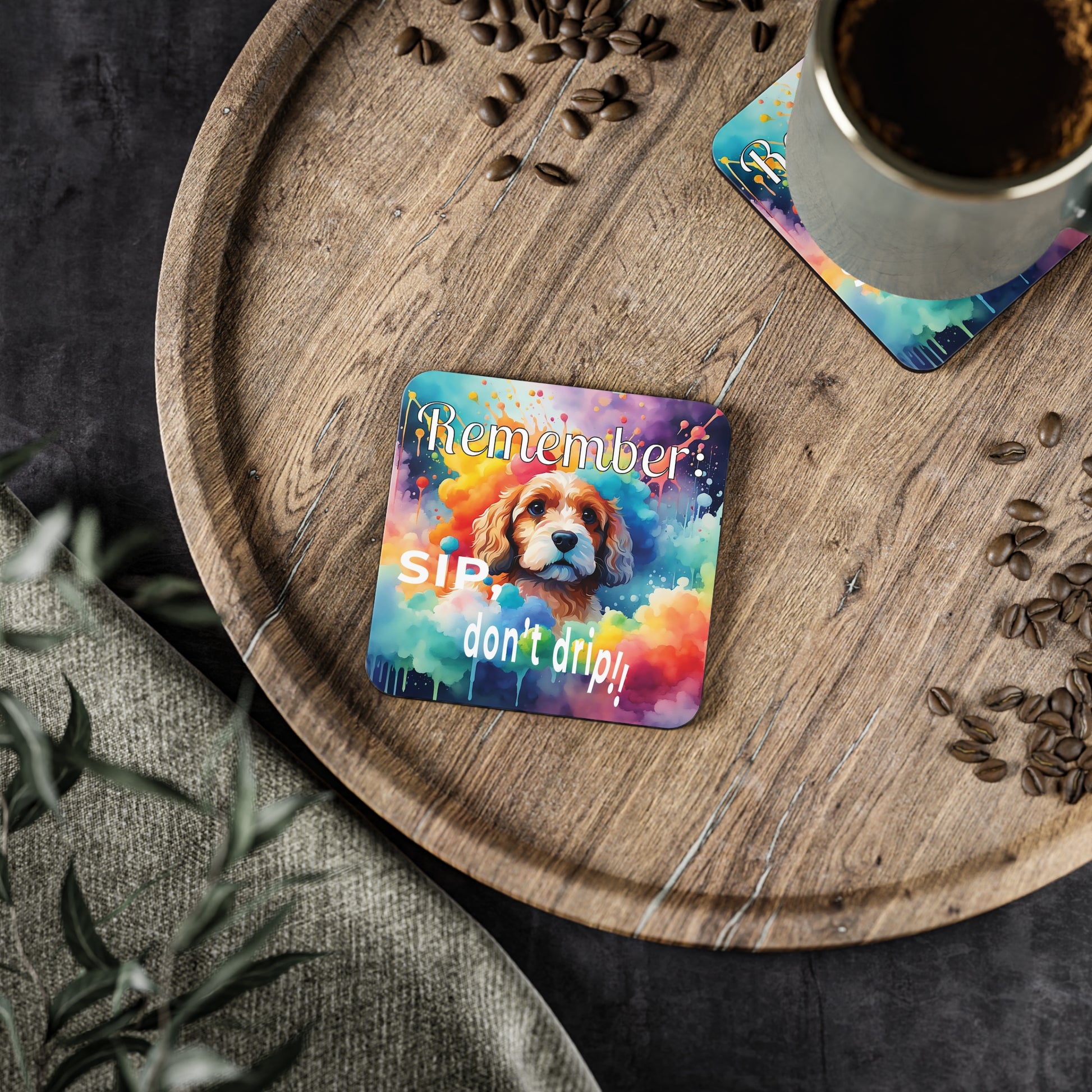 Coaster with a Cavoodle/ Cavapoo illustration and text on a wooden tray with coffee.