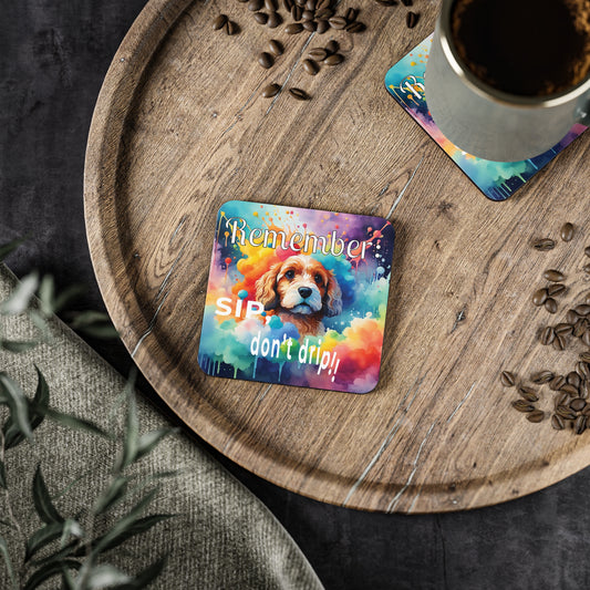 Coaster with a Cavoodle/ Cavapoo illustration and text on a wooden tray with coffee.