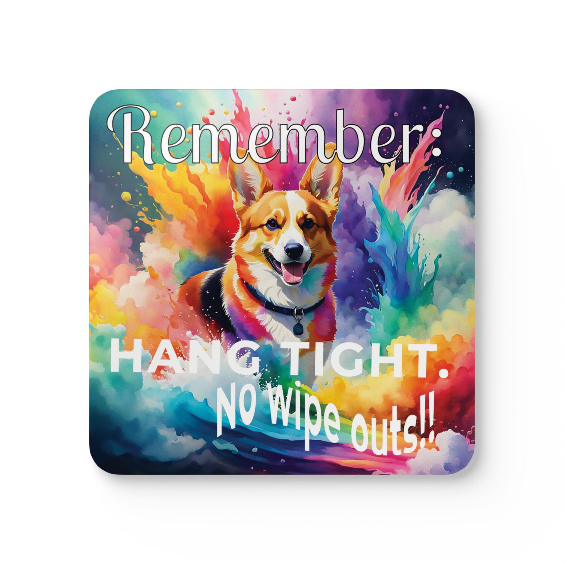 Vibrant Corgi Funny Coaster Set - "Hang tight. No wipe outs!!" 