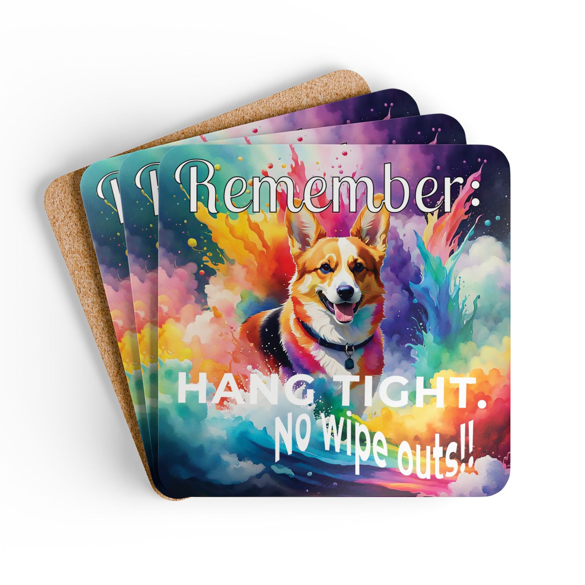 Vibrant Corgi Funny Coaster Set - "Hang tight. No wipe outs!!"  stack