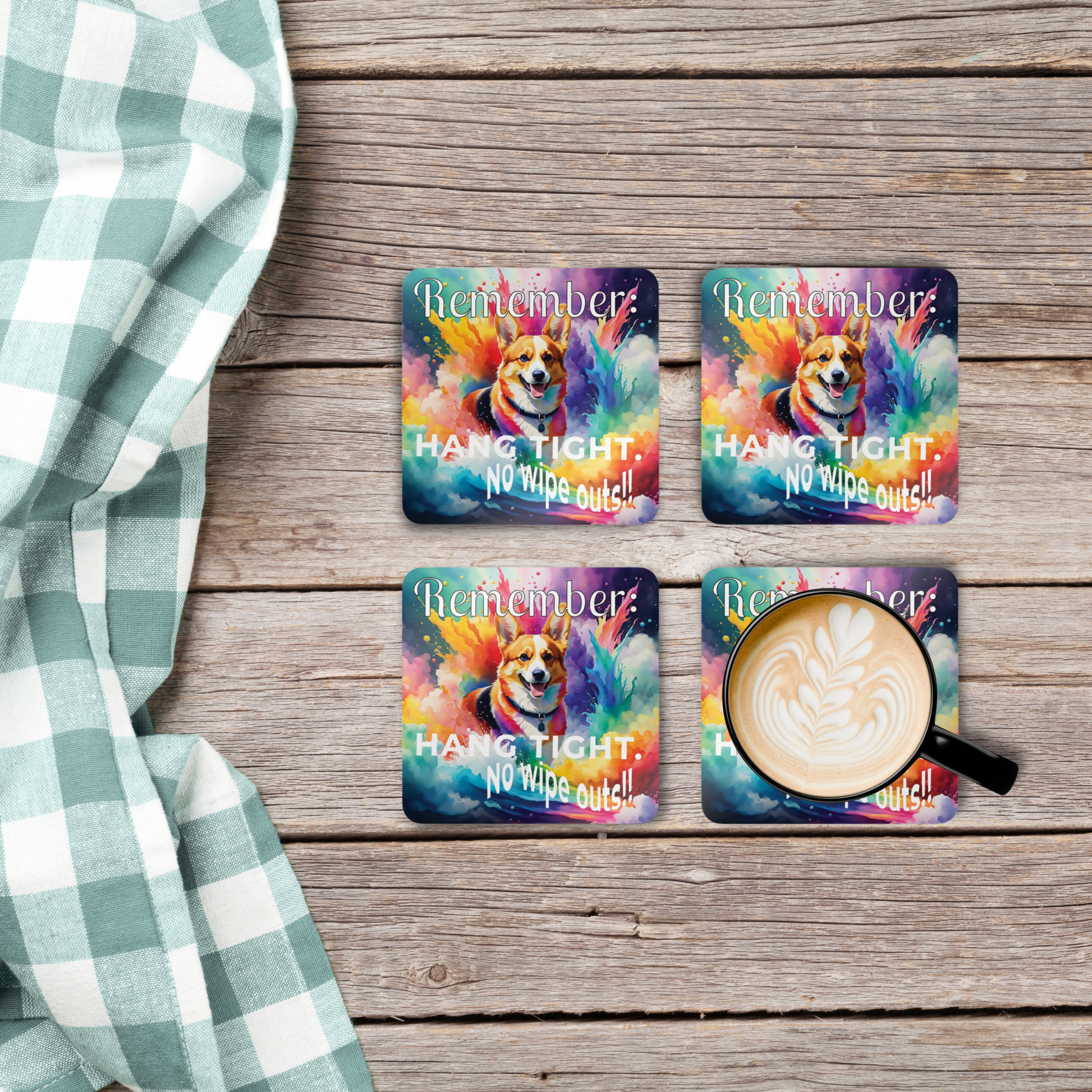 Vibrant Corgi Funny Coaster Set - "Hang tight. No wipe outs!!" context 4