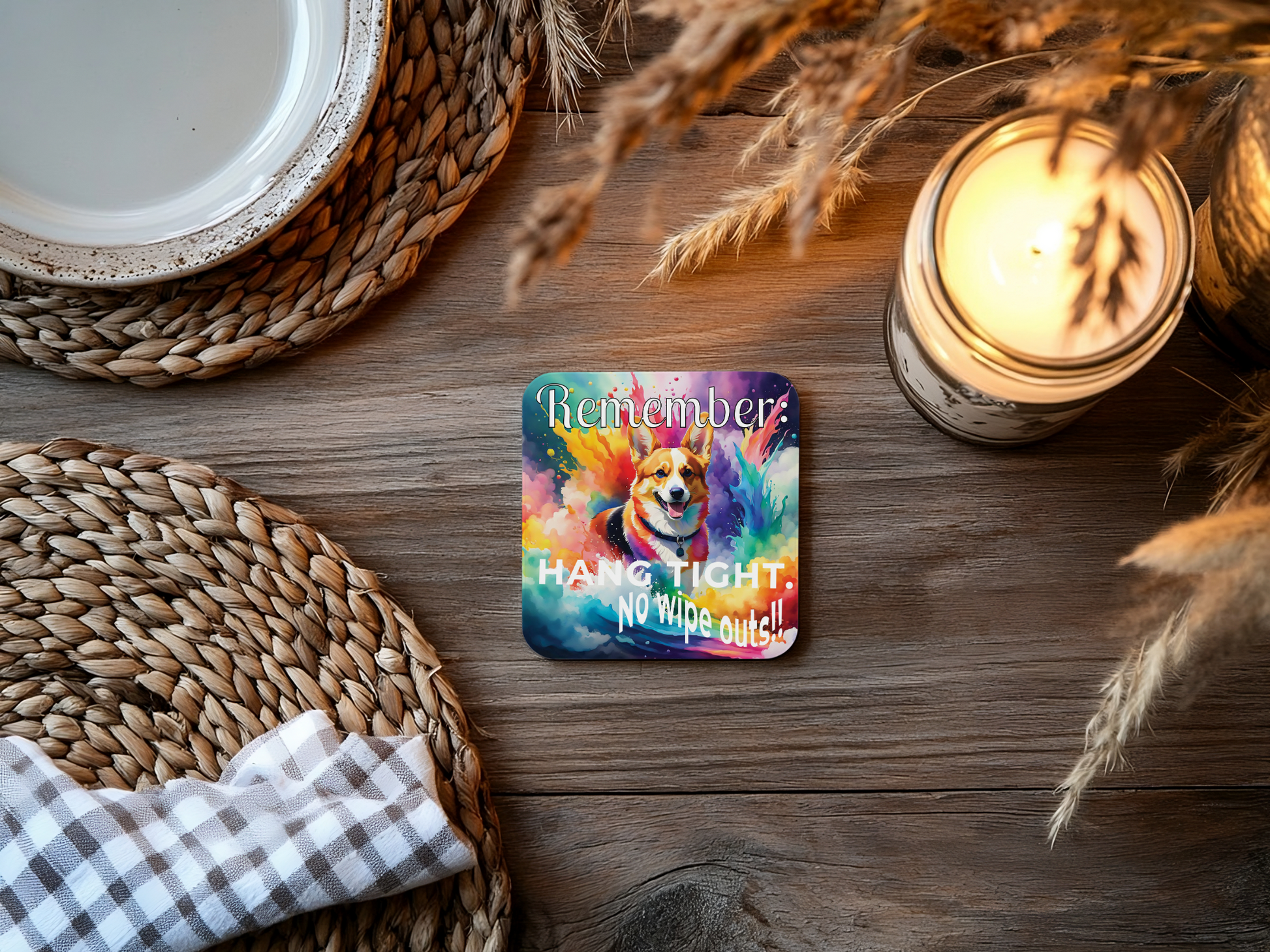Vibrant Corgi Funny Coaster Set - "Hang tight. No wipe outs!!" context 1