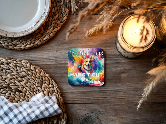 Vibrant Corgi Funny Coaster Set - "Hang tight. No wipe outs!!" context 1