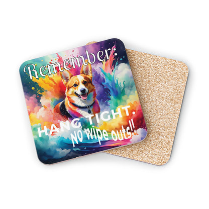 Coaster with a colorful design of a Corgi and cork backing.