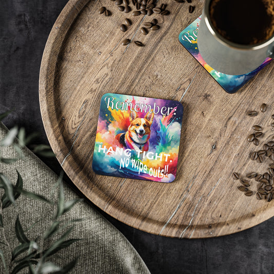 Colorful coaster with a Corgi illustration and the words,"Remember, Hang Tight." on a wooden tray with coffee.