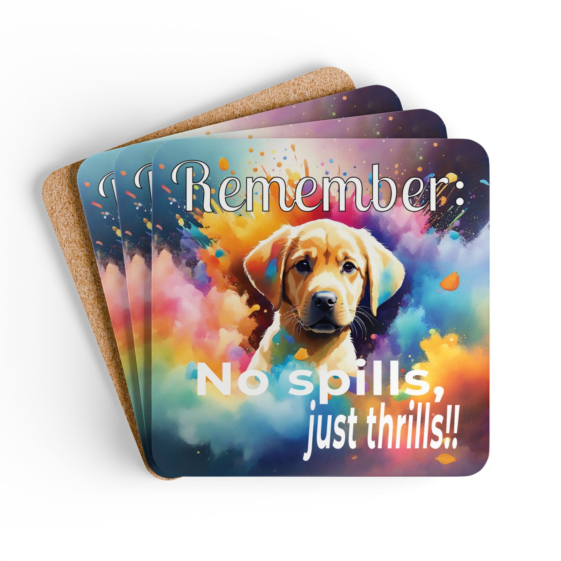Vibrant Labrador Puppy Funny Coaster Set - "No spills, just thrills!!" stack