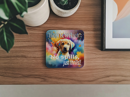 Vibrant Labrador Puppy Funny Coaster Set - "No spills, just thrills!!" context 1