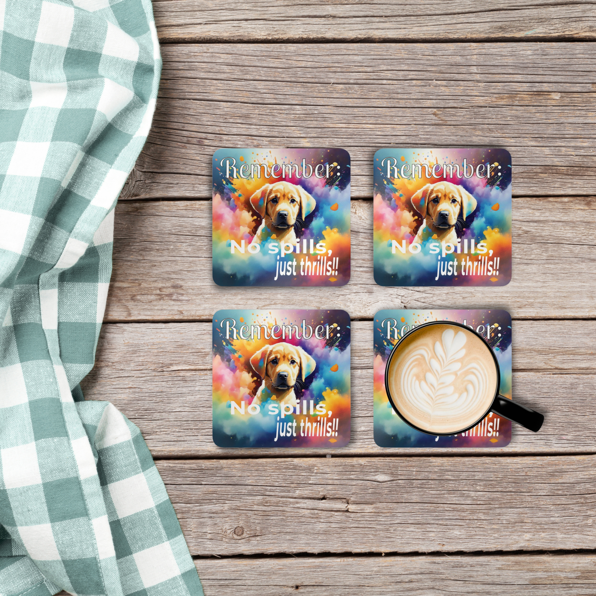 Vibrant Labrador Puppy Funny Coaster Set - "No spills, just thrills!!" context 4
