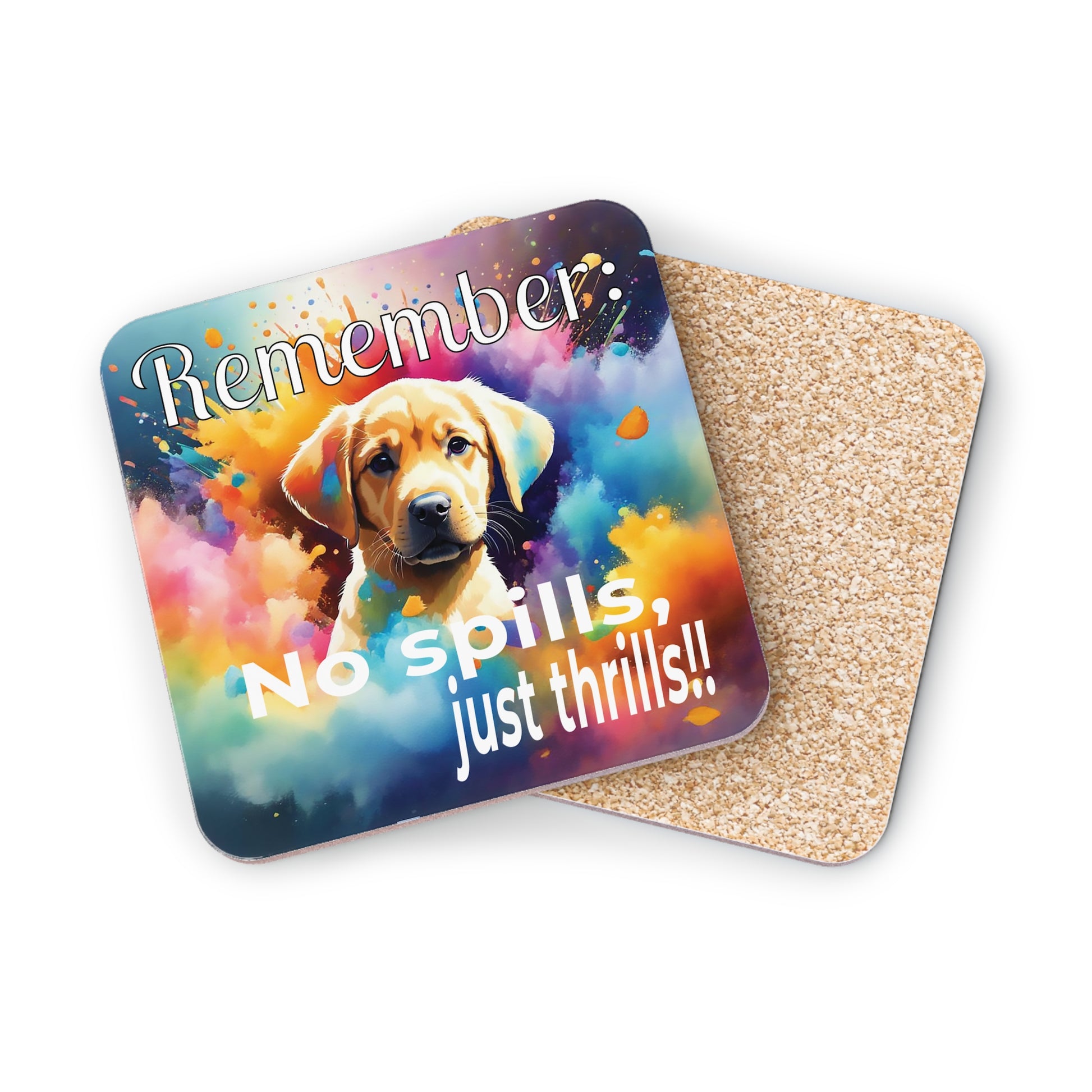 Coaster with a colorful design of a puppy and text 'Remember no spills, just thrills!' plus a coaster showing the cork underside.