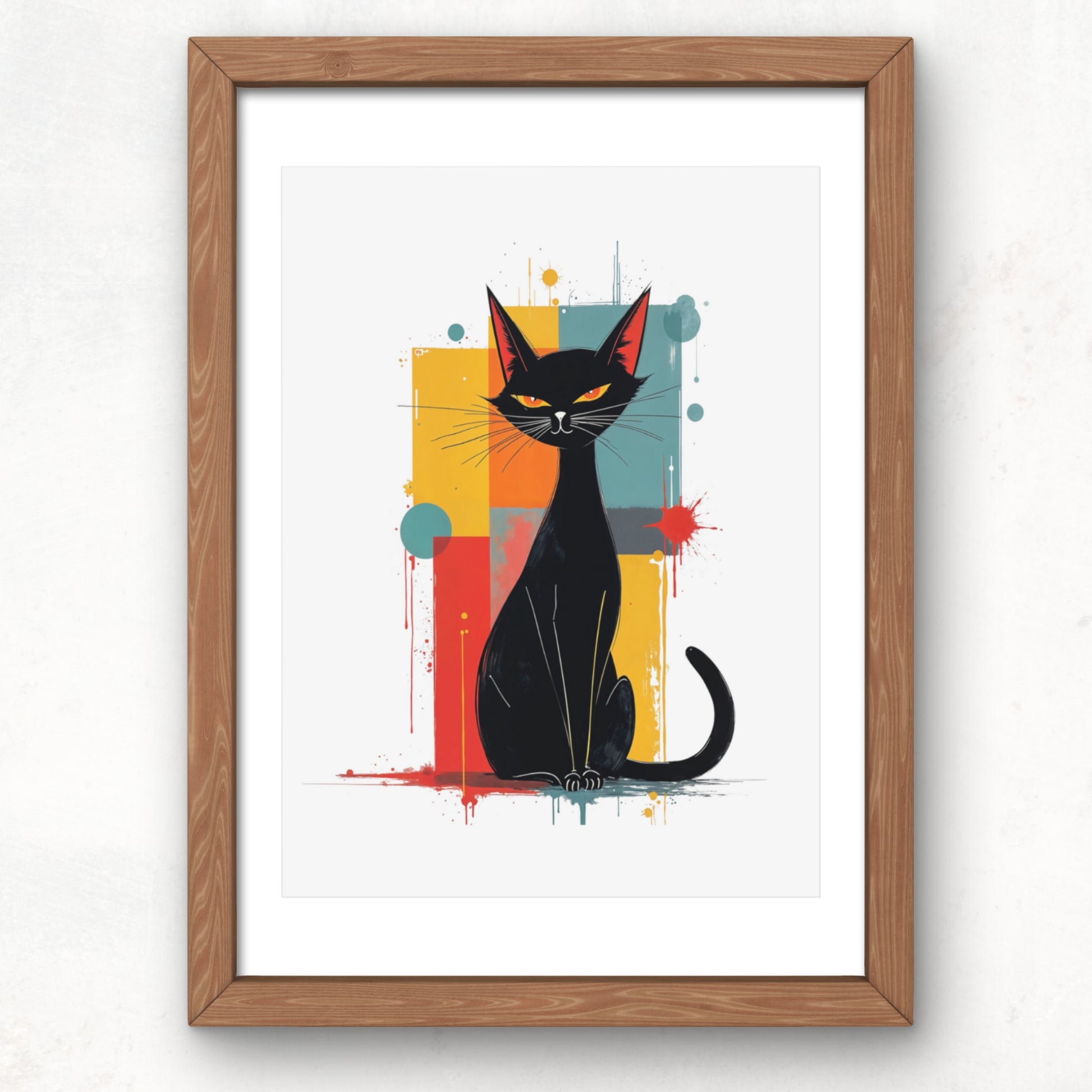 Framed artwork of a black cat with colourful abstract background Retro Mid-century modern Aesthetic