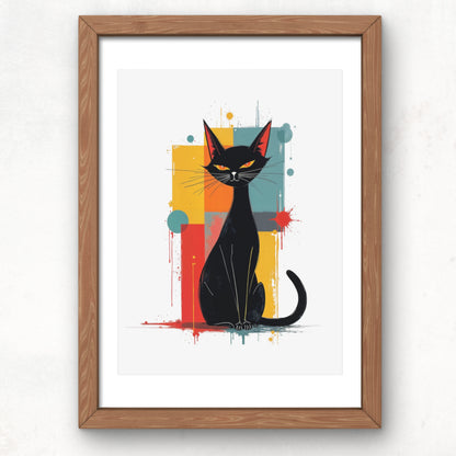 Framed artwork of a black cat with colourful abstract background Retro Mid-century modern Aesthetic