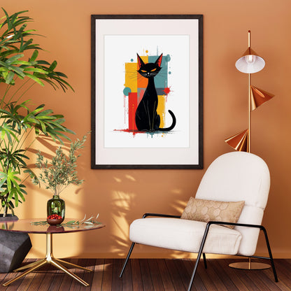 Modern living room with a warm earth tones that includes an armchair, table, and decorative wall art of a Atomic black cat against a geometric background.