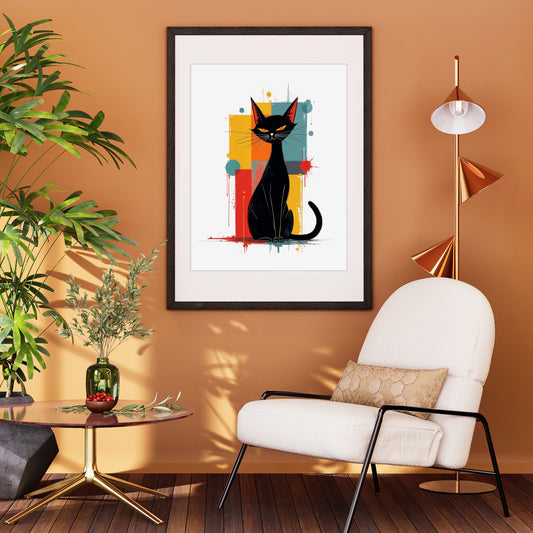 Modern living room with a warm earth tones that includes an armchair, table, and decorative wall art of a Atomic black cat against a geometric background.