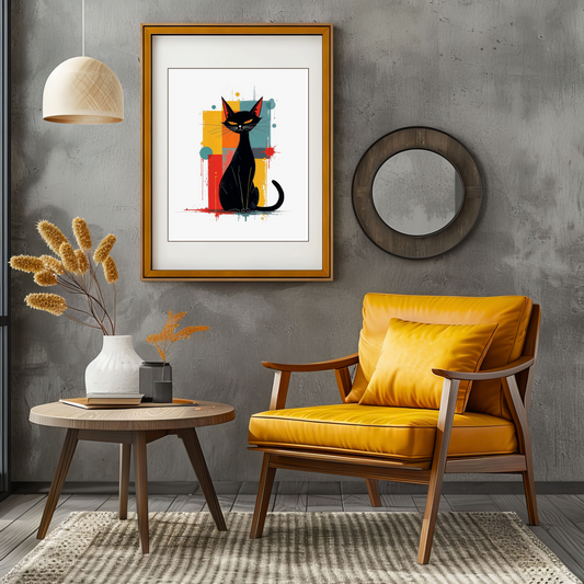 Vibrant Mid-Century Modern Cat Matte Vertical Poster - Statement Wall Decor context 16 X 20 inches